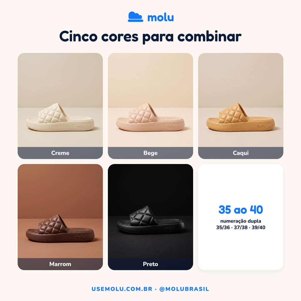 Chinelo Slide Molu Luxo | Plataforma Nuvem Matelassê EVA | 5 Cores