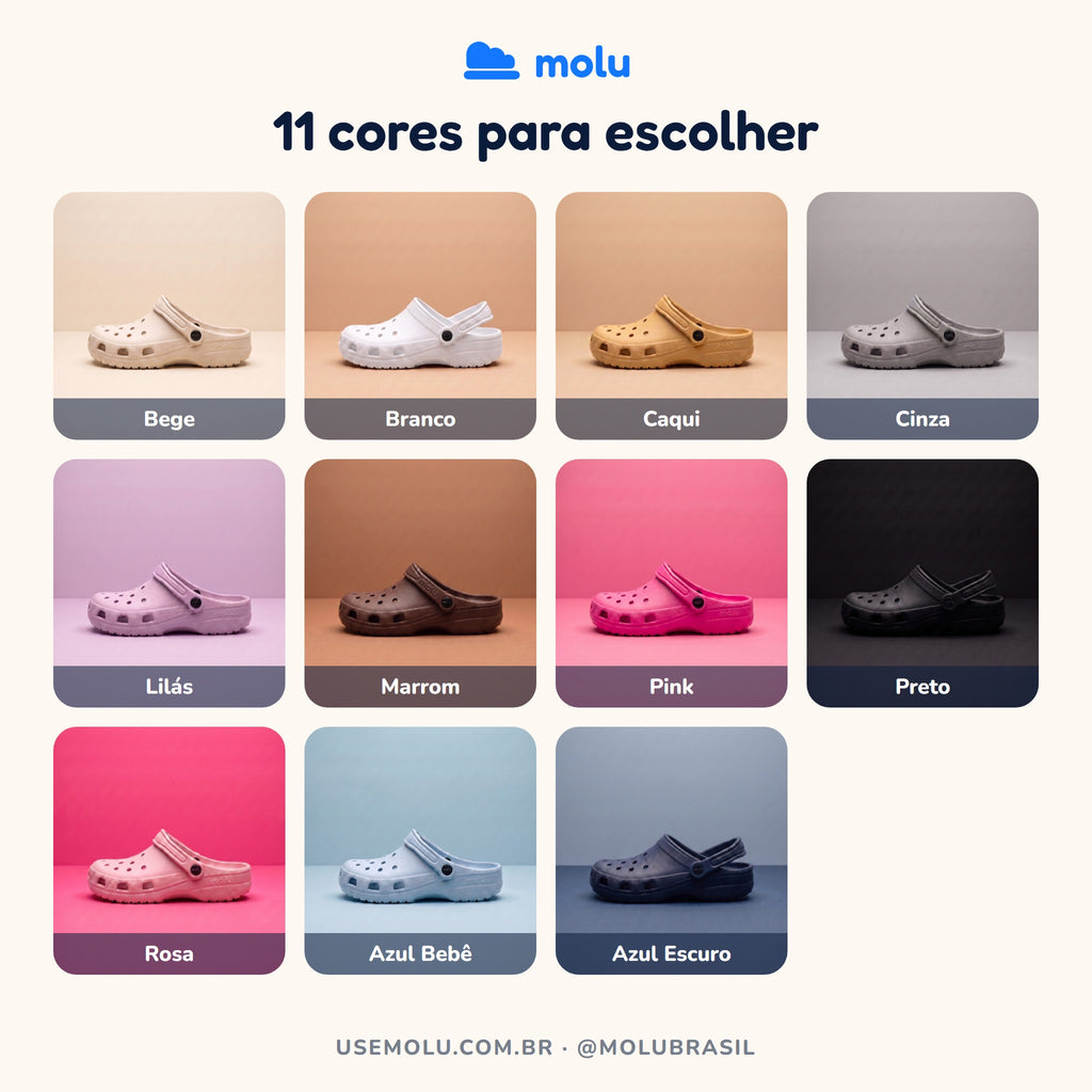 Babuche molu Clássico nas 11 cores: bege, branco, caqui, cinza, lilás, marrom, pink, preto, rosa, azul bebê e azul escuro