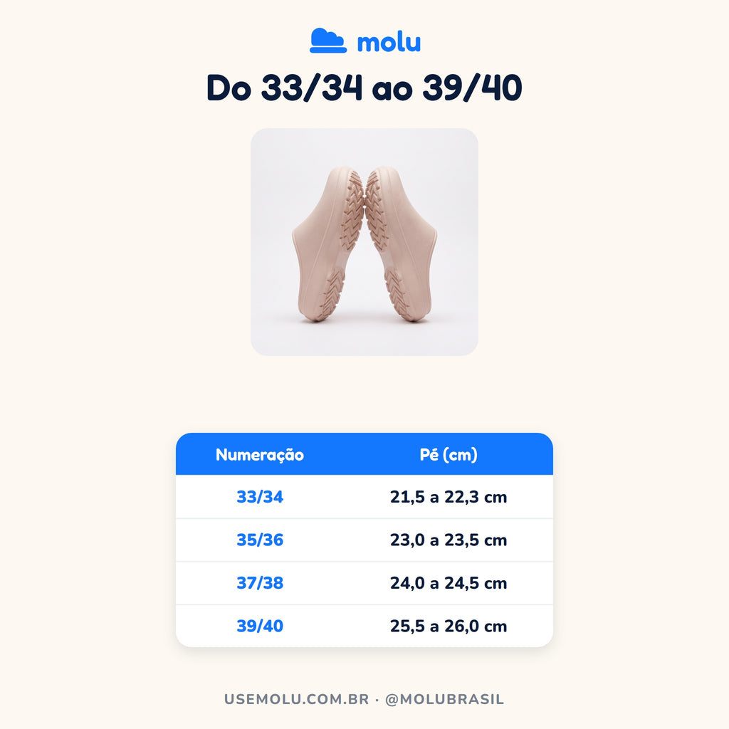 Tabela de tamanhos do babuche molu Clássico, do 33/34 ao 39/40, com o comprimento do pé em centímetros