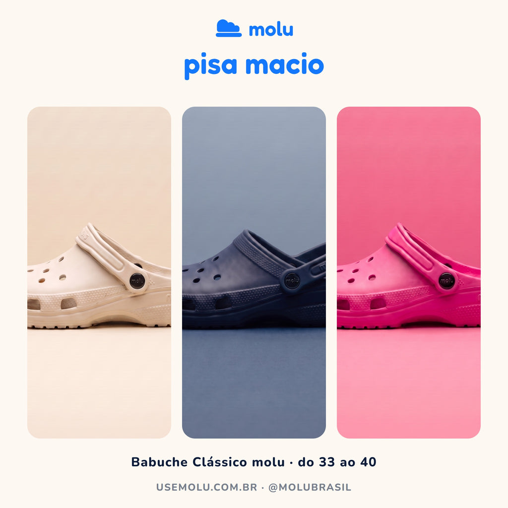 Babuche molu Clássico nas cores bege, azul escuro e pink