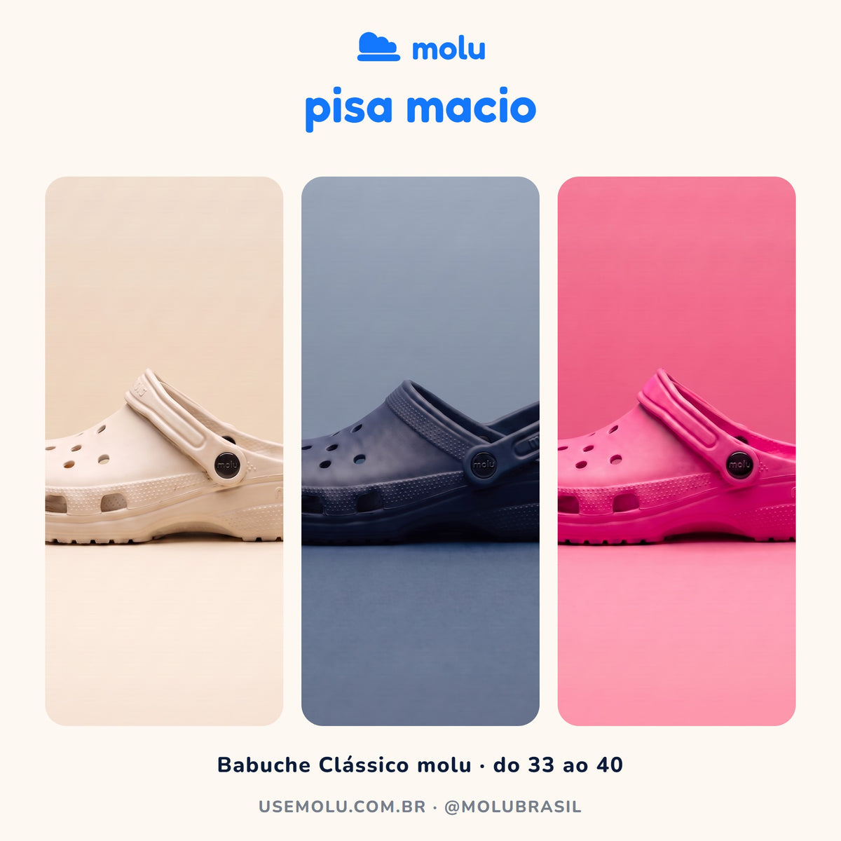 Babuche molu Clássico nas cores bege, azul escuro e pink
